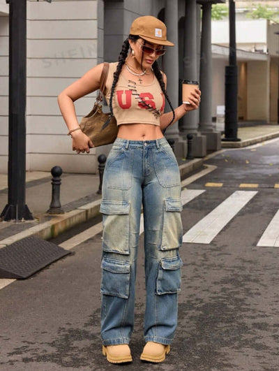 Retro Nostalgic Washed Multi-pocket Cargo Pants Straight Jeans Dropshipman
