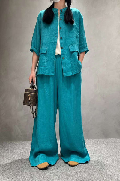 Solid Color Linen Suit Half Sleeve Shirt Casual Pants eprolo