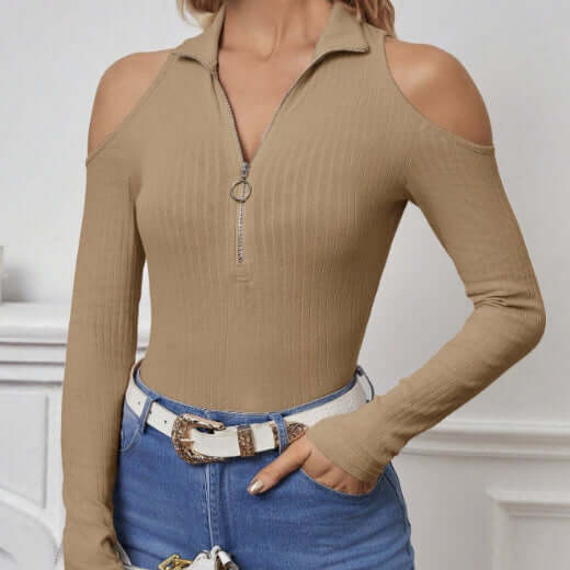 Women's Solid Color Long Sleeved Off Shoulder Zipper Design Slim Fit Home Clothing Top eprolo