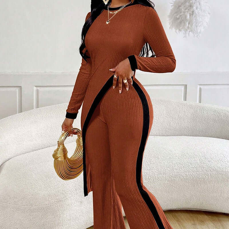 Women's 2 Piece Outfit Sexy Asymmetrical Hem Long Sleeve Top And Wide Leg Pants Sets Elegant Vacation Going Out Suit eprolo
