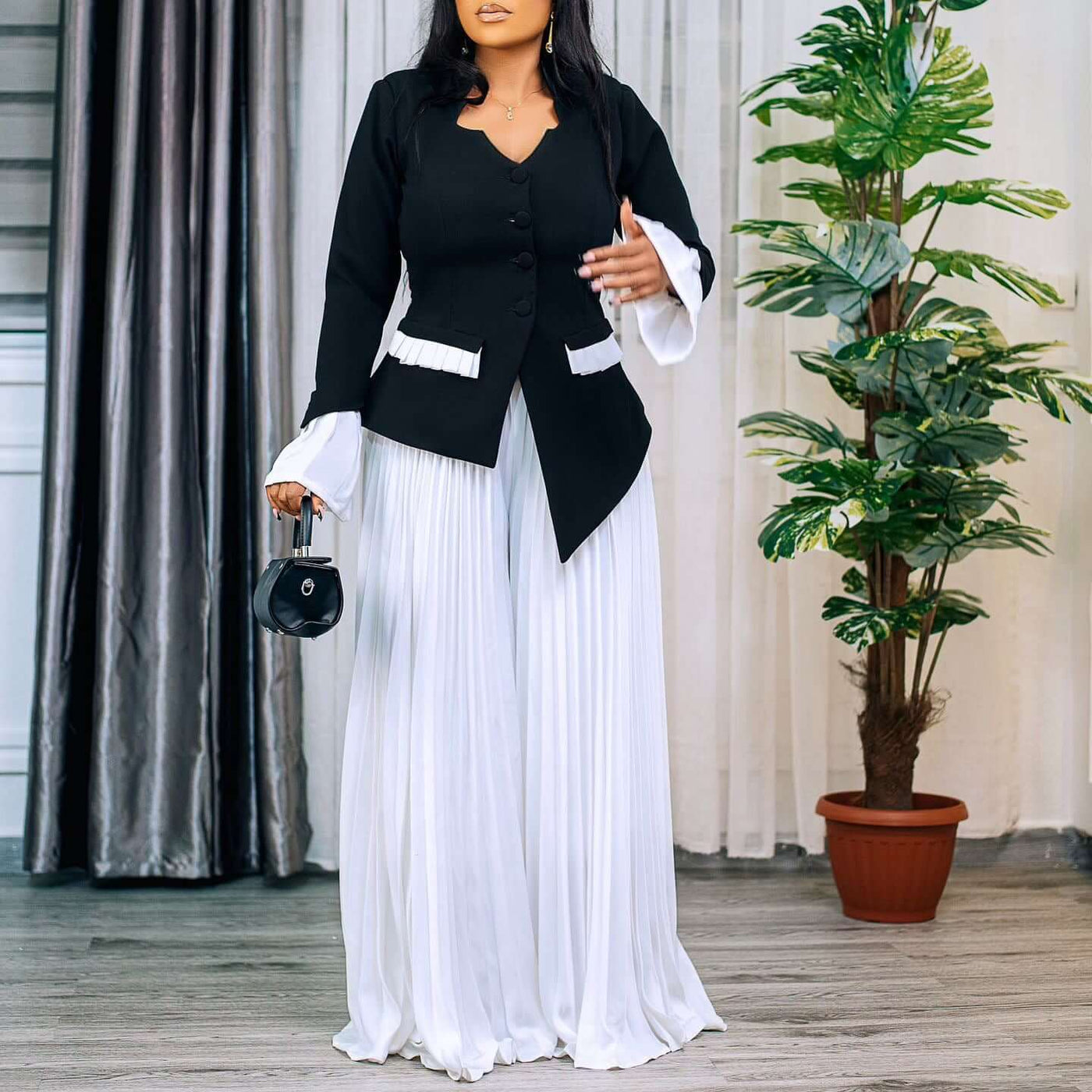 Fashion Flared Sleeves Top Pleated Wide-leg Pants Suit Two-piece Set Dropshipman