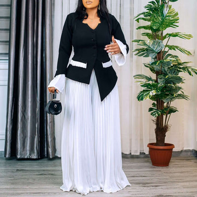 Fashion Flared Sleeves Top Pleated Wide-leg Pants Suit Two-piece Set Dropshipman