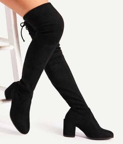 Black suede high heel thigh-high boots with chunky heel, fashionable and versatile for any outfit.