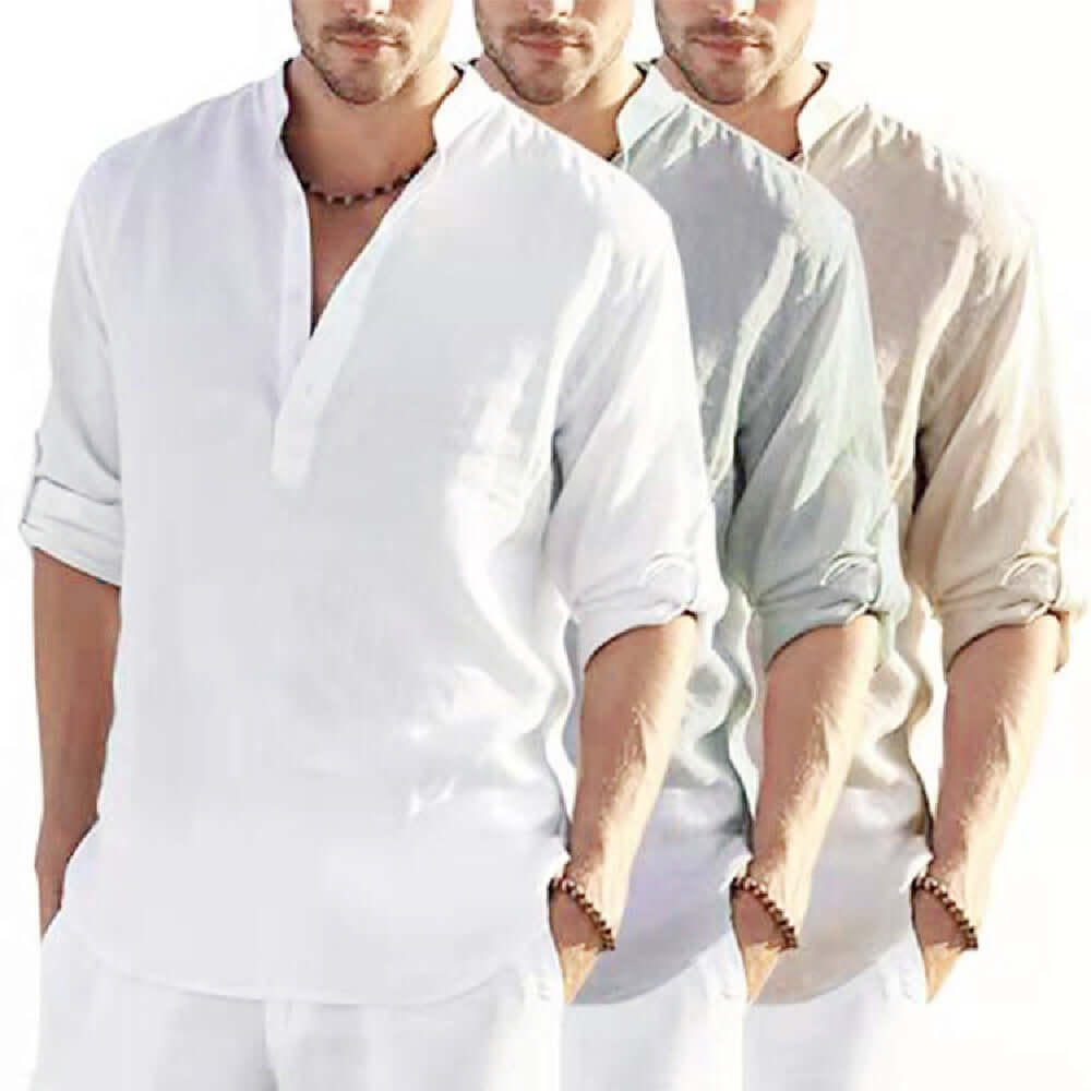 Men's Casual Cotton Linen Solid Color Long Sleeve Shirt Loose Stand Collar Astrazona