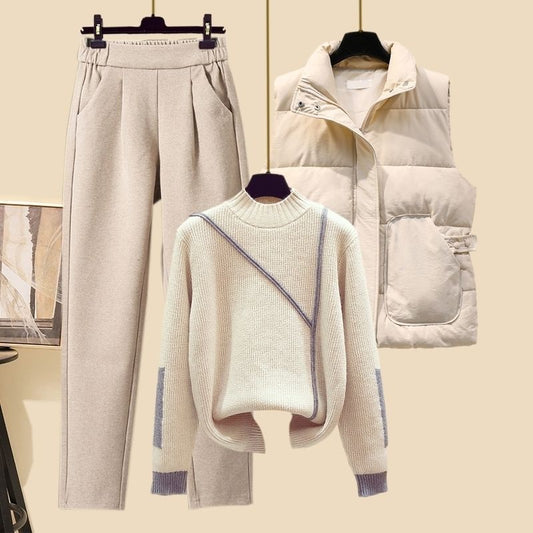 New Women's Thickened Vest Turtleneck Knitting Sweater Baggy Pants Three-piece Set eprolo