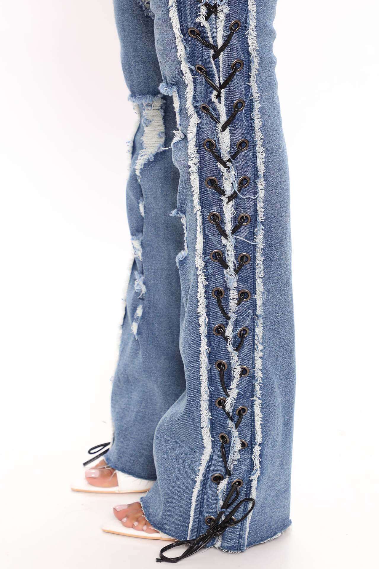 Eyelet Rope High Elasticity Slim Fit Ripped Denim Trousers Dropshipman