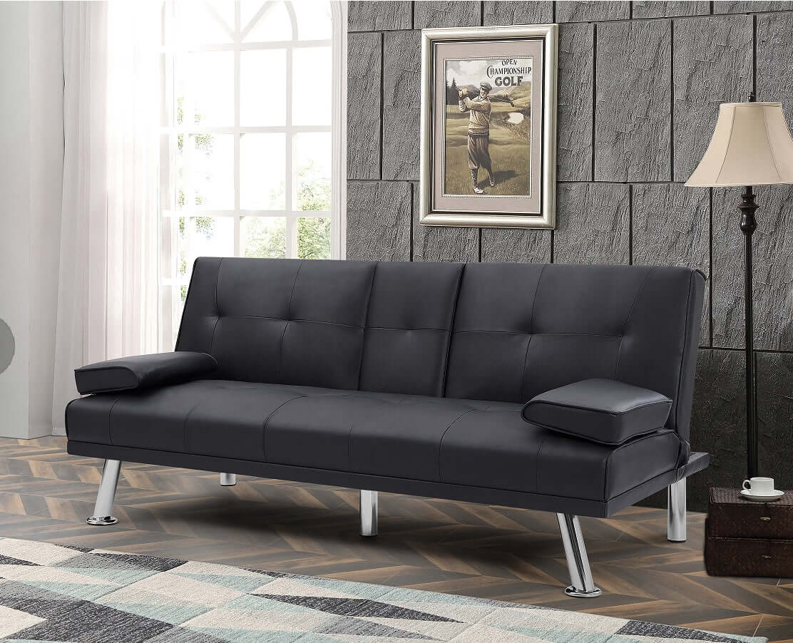 Black PU 66inch Sleeper Sofa,2-seat Sofa With Cup Holder, Folding Sofa Bed, Accompany Two Head Pillows eprolo