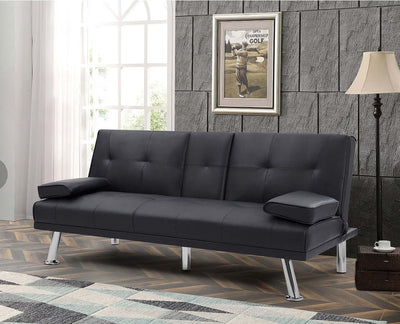 Black PU 66inch Sleeper Sofa,2-seat Sofa With Cup Holder, Folding Sofa Bed, Accompany Two Head Pillows eprolo