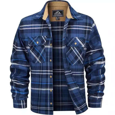Men's navy plaid flannel casual shirt with button-up front and chest pockets, perfect for fall and winter wear.