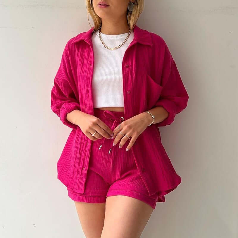 Spring Champray Lapel Long Sleeve Shirt High Waist Drawstring Shorts Plus Size Fashion Casual Set eprolo