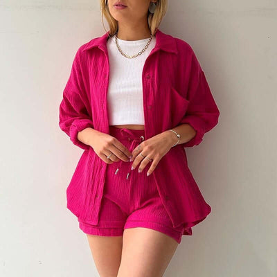 Spring Champray Lapel Long Sleeve Shirt High Waist Drawstring Shorts Plus Size Fashion Casual Set eprolo