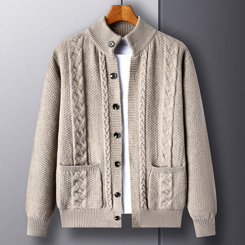 Beige single-breasted cardigan with pockets, featuring stylish jacquard design for men, ideal for casual wear.