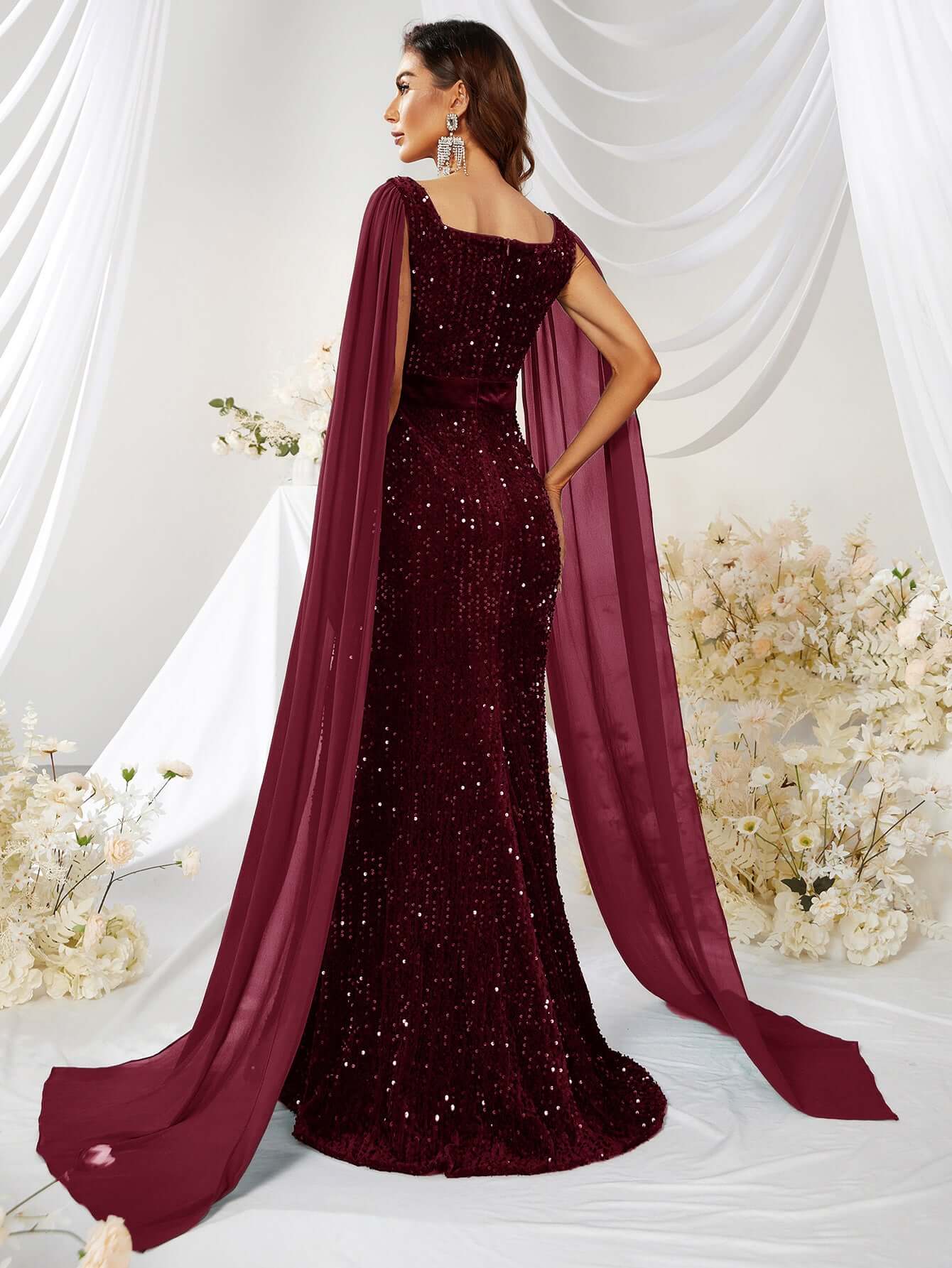 Elegant mermaid-style dress with mesh overlay and sparkle details