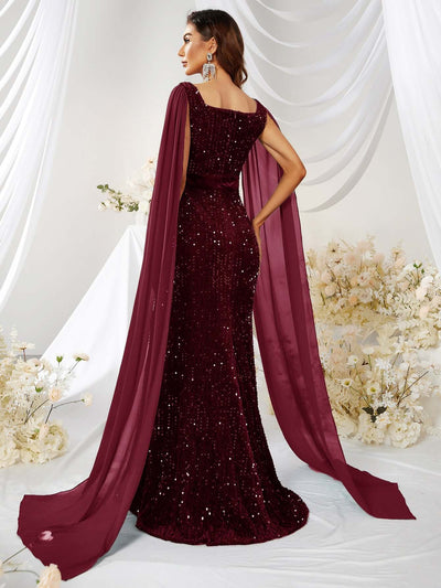Elegant mermaid-style dress with mesh overlay and sparkle details