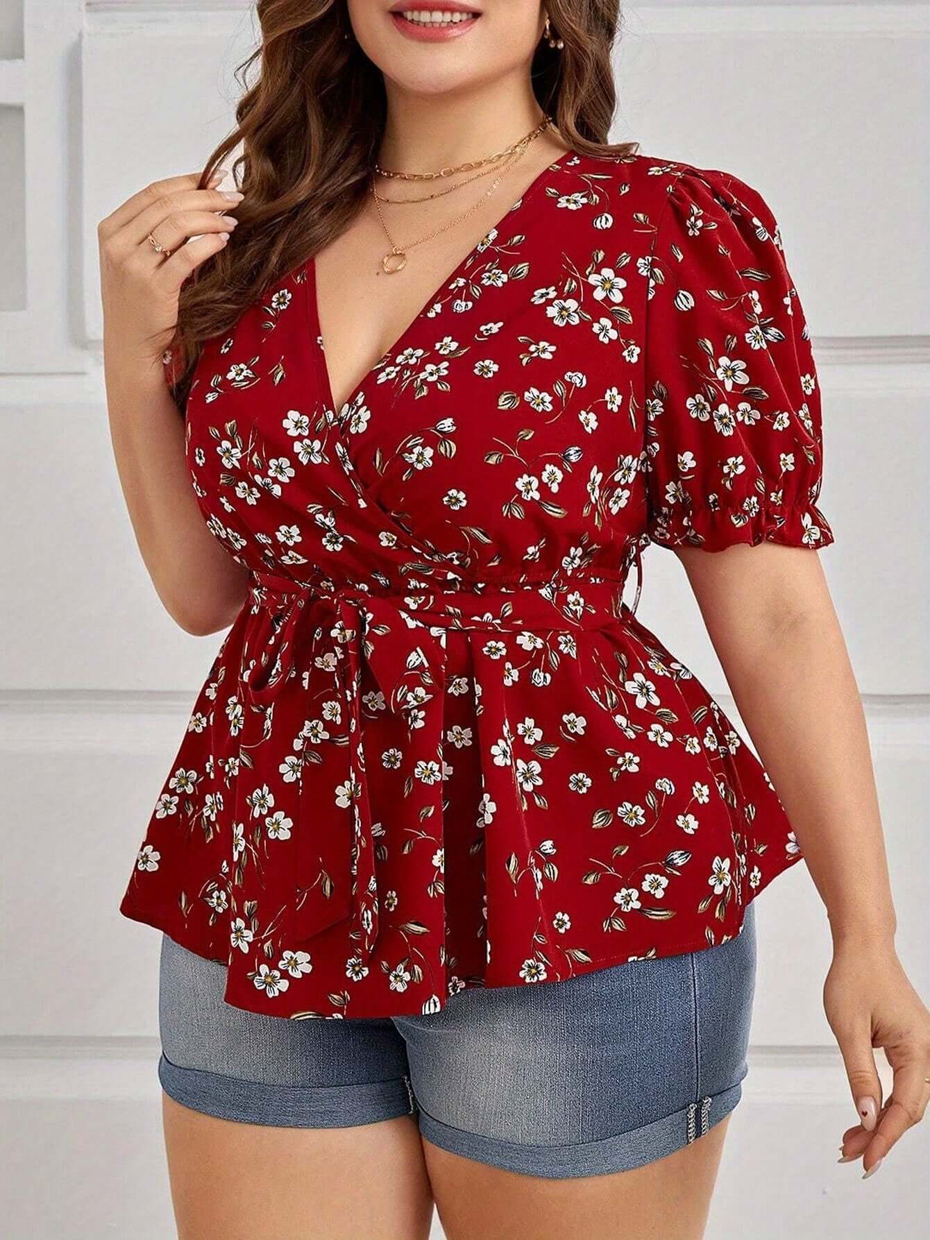 Women's Plus Size Summer Elegant V-Neck Floral Blouse - Office & Vacation Top With Belt eprolo