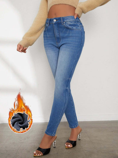 Ladies' High Waisted Comfortable Small Feet With Plush Jeans eprolo