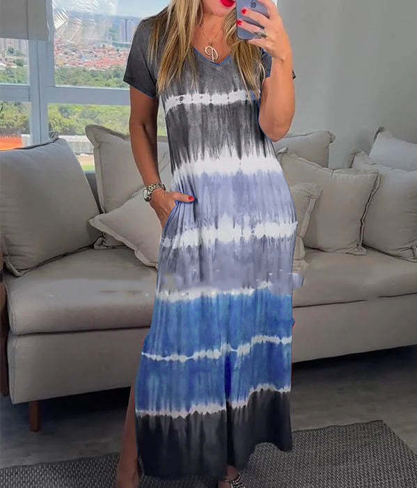 Summer V-neck Striped Printed Short Sleeve Plus Size Loose Dress eprolo