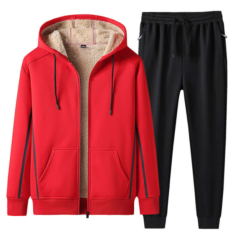 Men's red leisure sports suit with jacket and black shorts, ideal for casual and athletic wear.