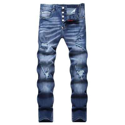 New blue ripped street fashion slim stretch denim trousers for men with mid waist and pencil leg style.
