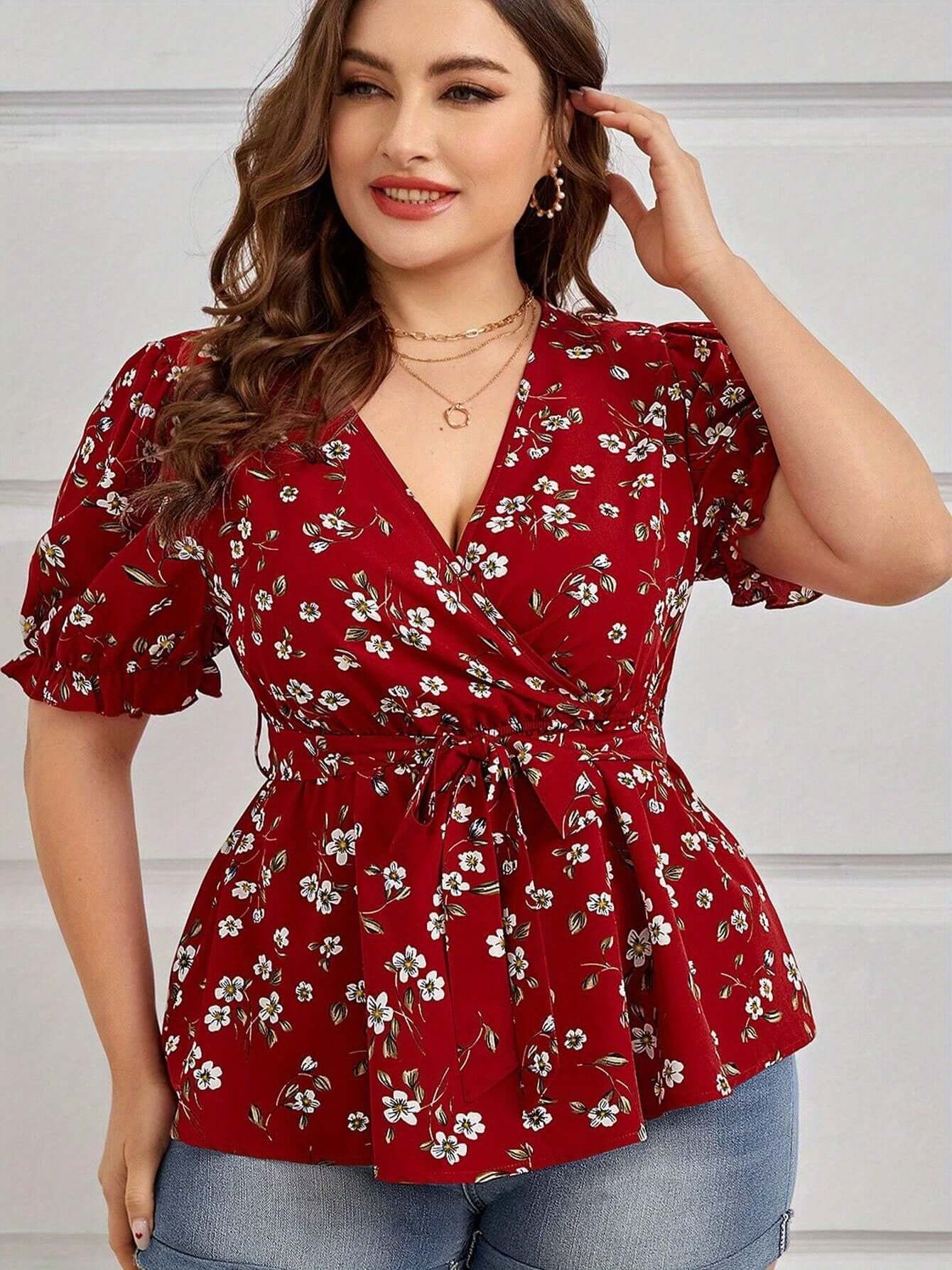 Women's Plus Size Summer Elegant V-Neck Floral Blouse - Office & Vacation Top With Belt eprolo