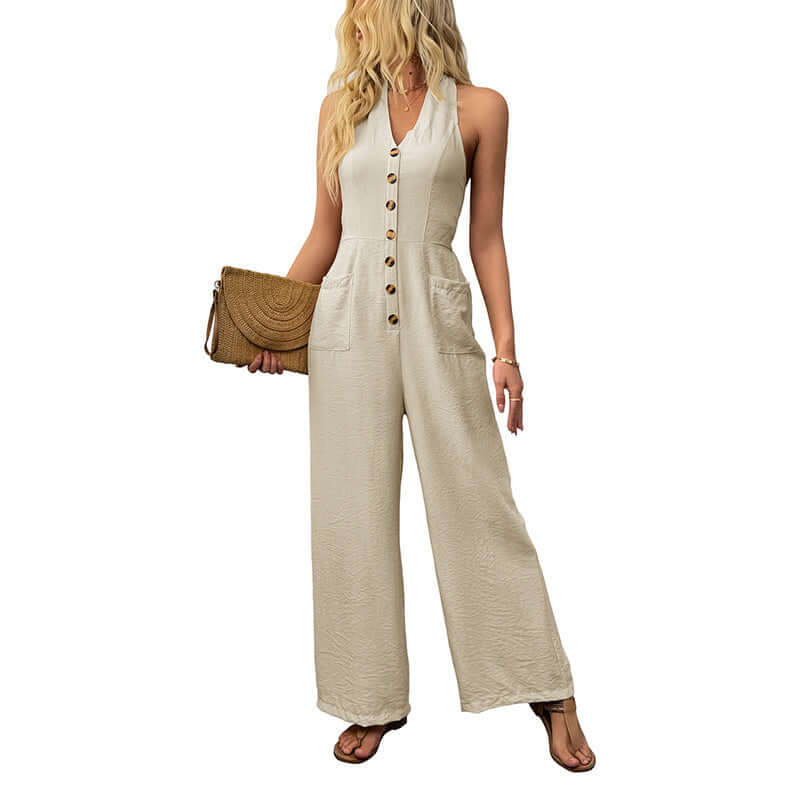 European and American versatile simple casual slimming hanging neck wide leg jumpsuit eprolo