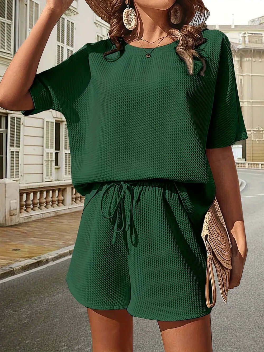Waffle-Knit Half Sleeve Top and Shorts Set eprolo