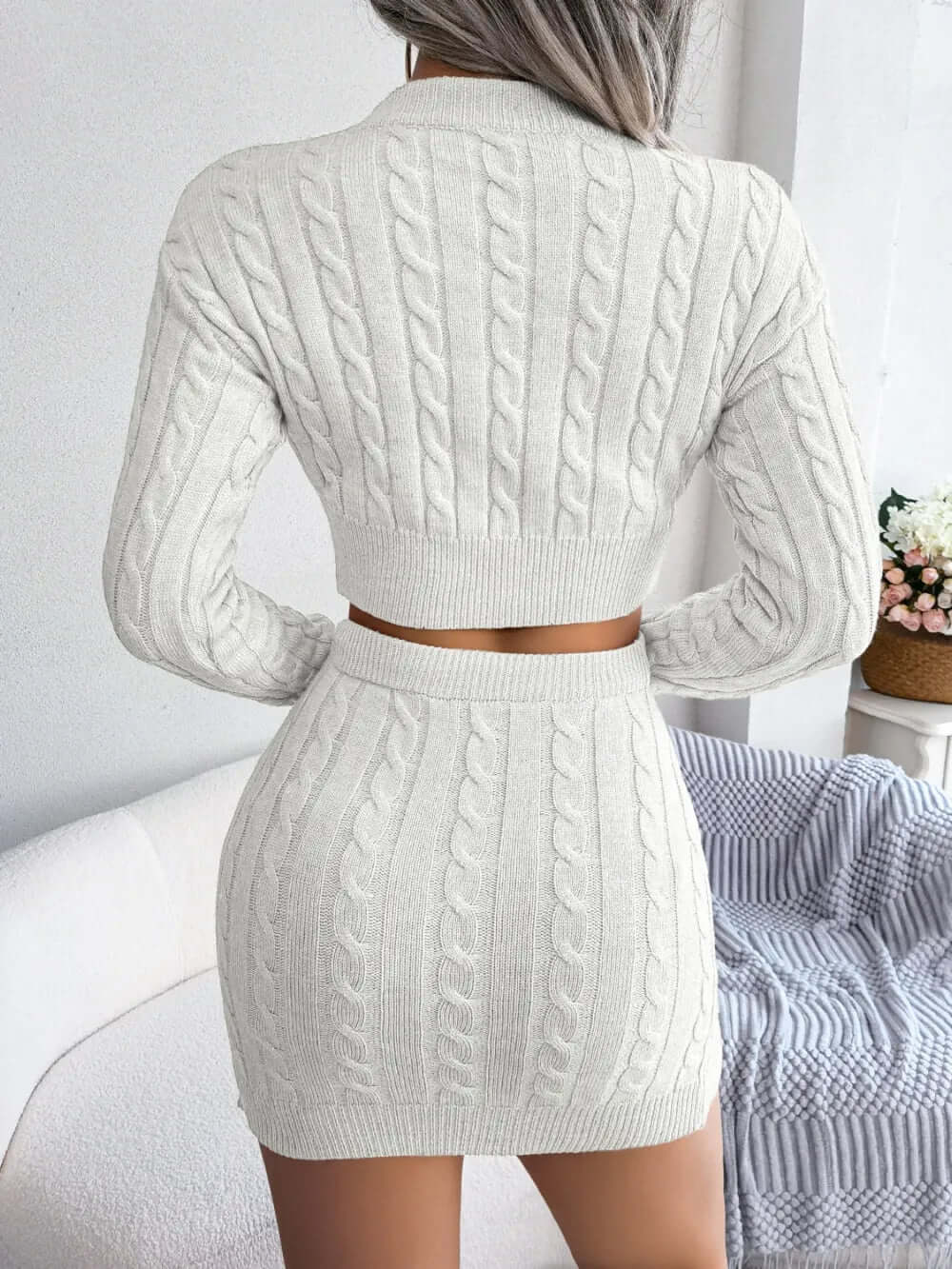 Cable-Knit Round Neck Top and Skirt Sweater Set eprolo