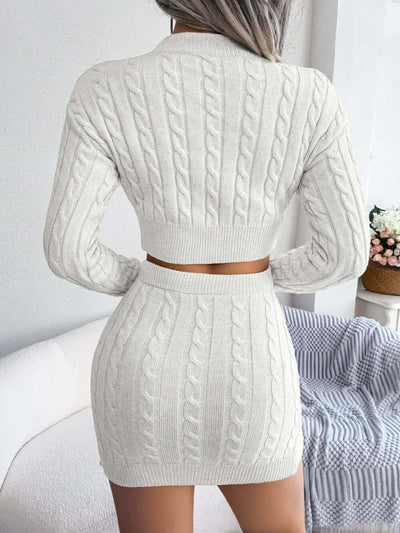 Cable-Knit Round Neck Top and Skirt Sweater Set eprolo