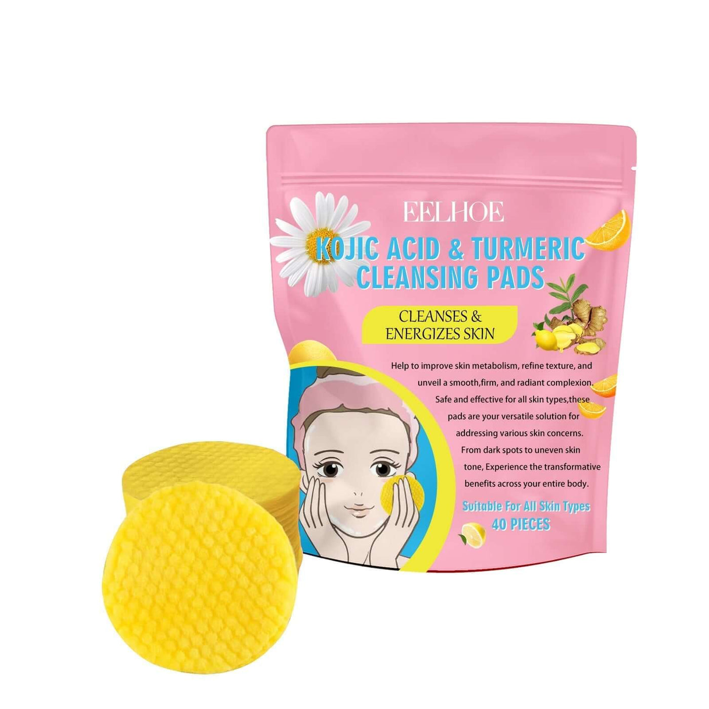 EELHOE Turmeric Kojic Acid Cleansing Pads Exfoliating Pads Facial Sponges For Cleansing Exfoliating Daily Cleansing Skin Care (40 PCS) eprolo