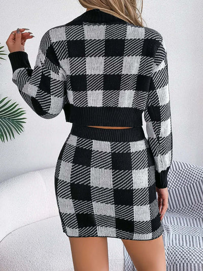 Plaid Round Neck Top and Skirt Sweater Set eprolo