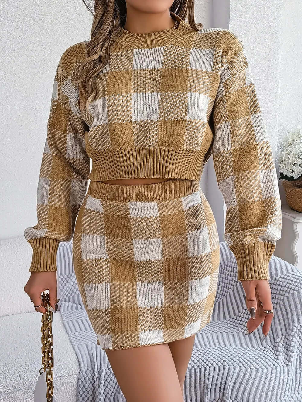 Plaid Round Neck Top and Skirt Sweater Set eprolo
