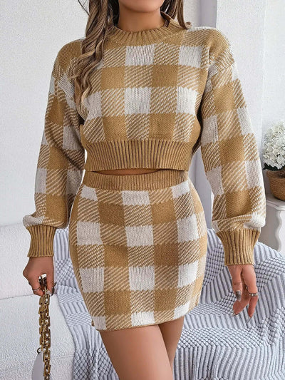 Plaid Round Neck Top and Skirt Sweater Set eprolo