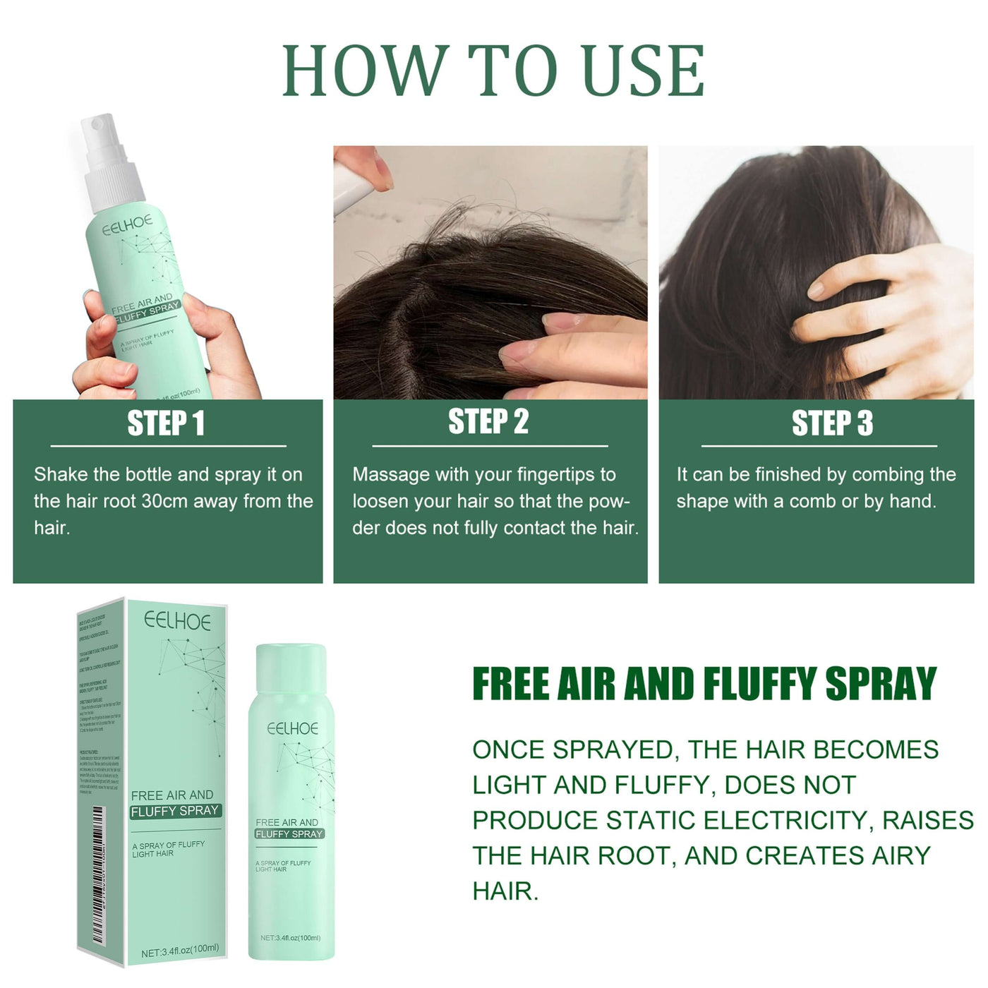 No-Wash Dry Hair Spray, Air Fluffiness Remove Oil Dry And Cool Shampoo-free Dry Hair Agent eprolo
