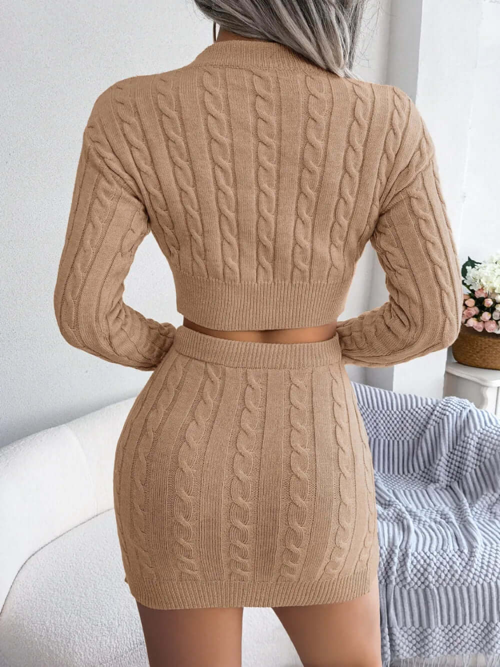 Cable-Knit Round Neck Top and Skirt Sweater Set eprolo