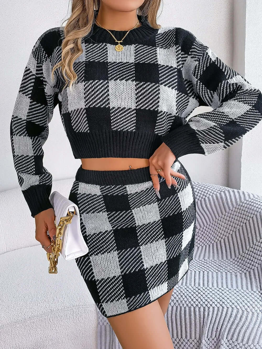 Plaid Round Neck Top and Skirt Sweater Set eprolo