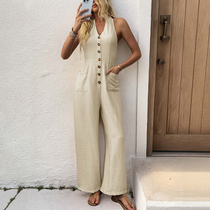 European and American versatile simple casual slimming hanging neck wide leg jumpsuit eprolo