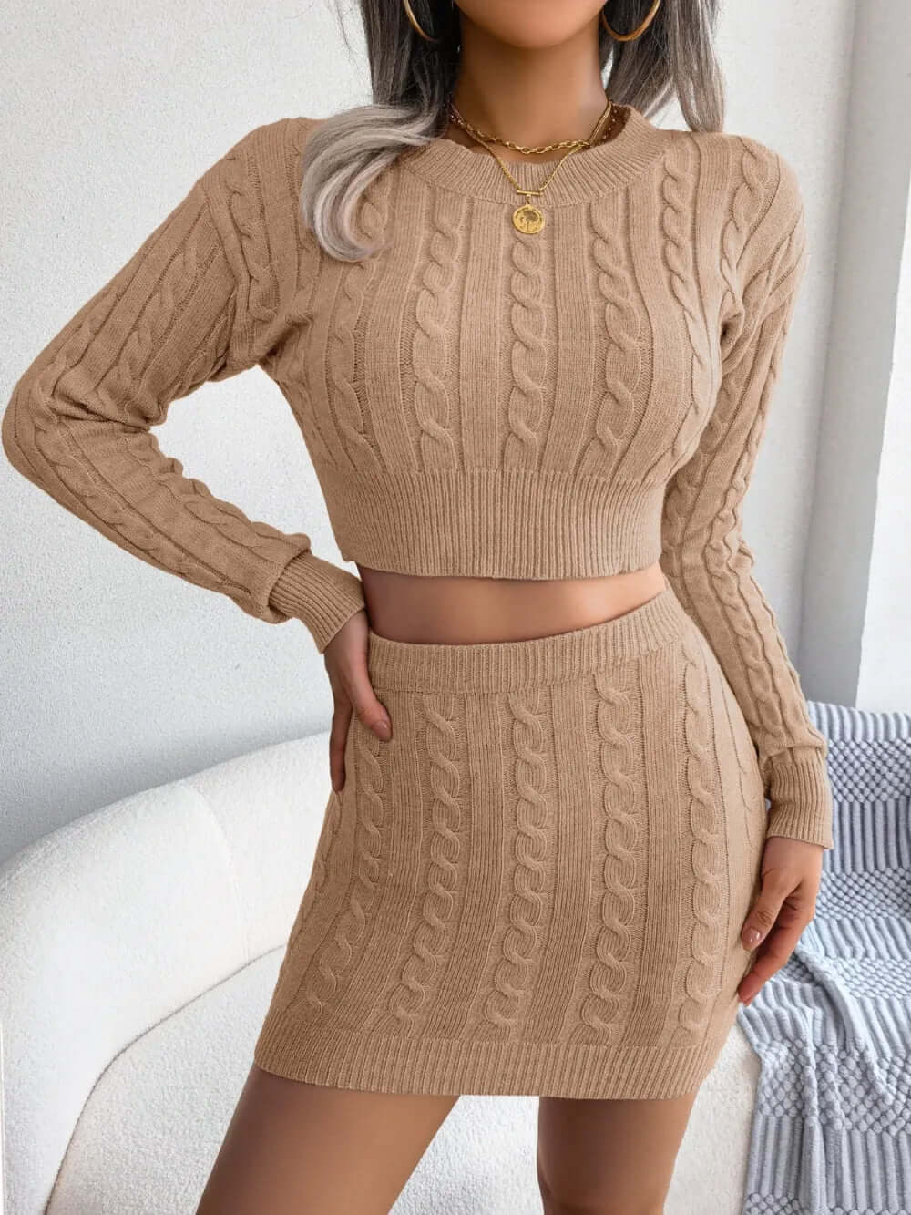 Cable-Knit Round Neck Top and Skirt Sweater Set eprolo
