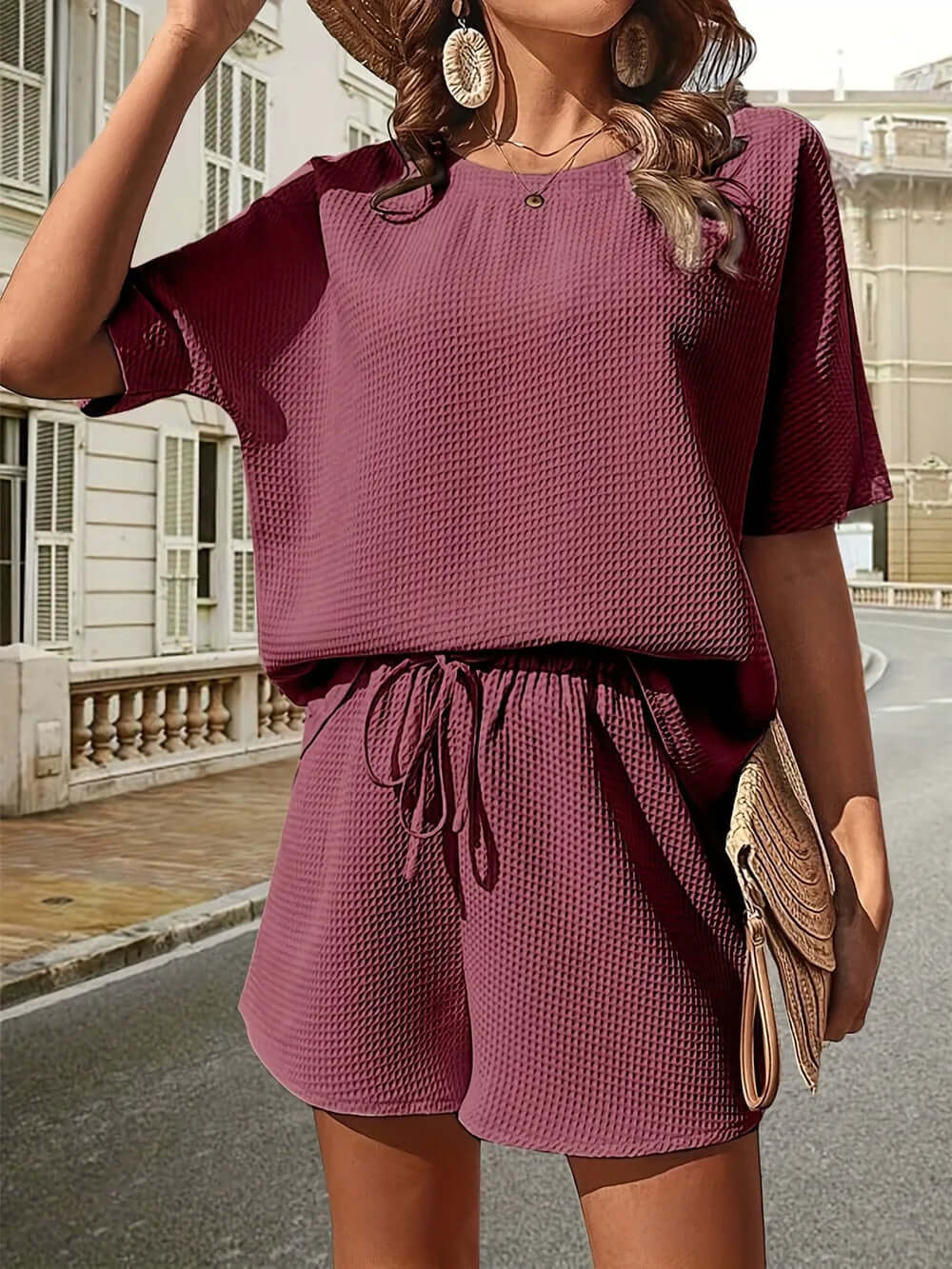 Waffle-Knit Half Sleeve Top and Shorts Set eprolo