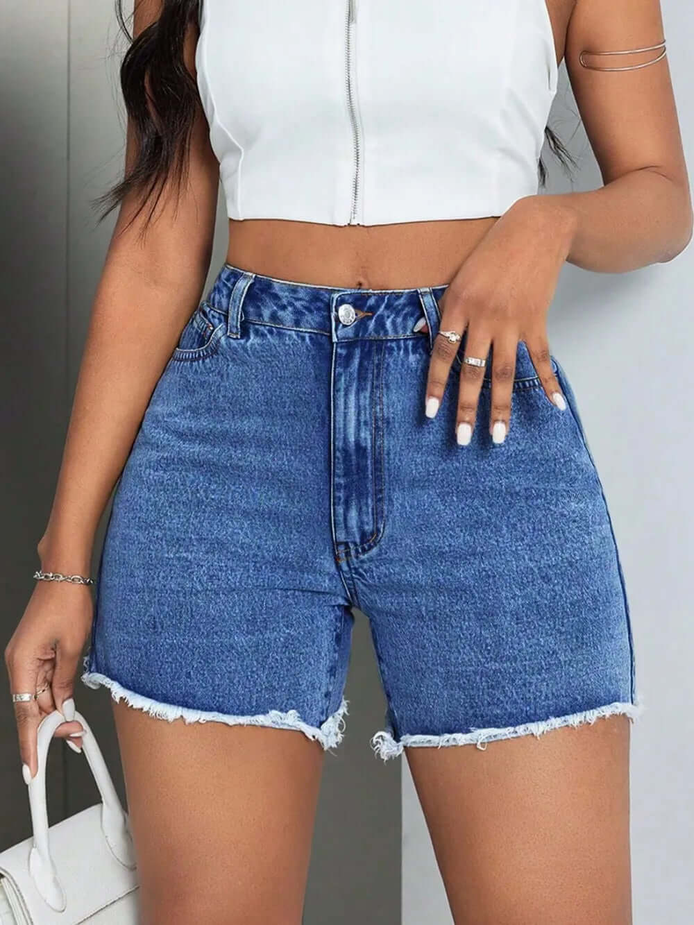 Raw Hem High Waist Denim Shorts eprolo