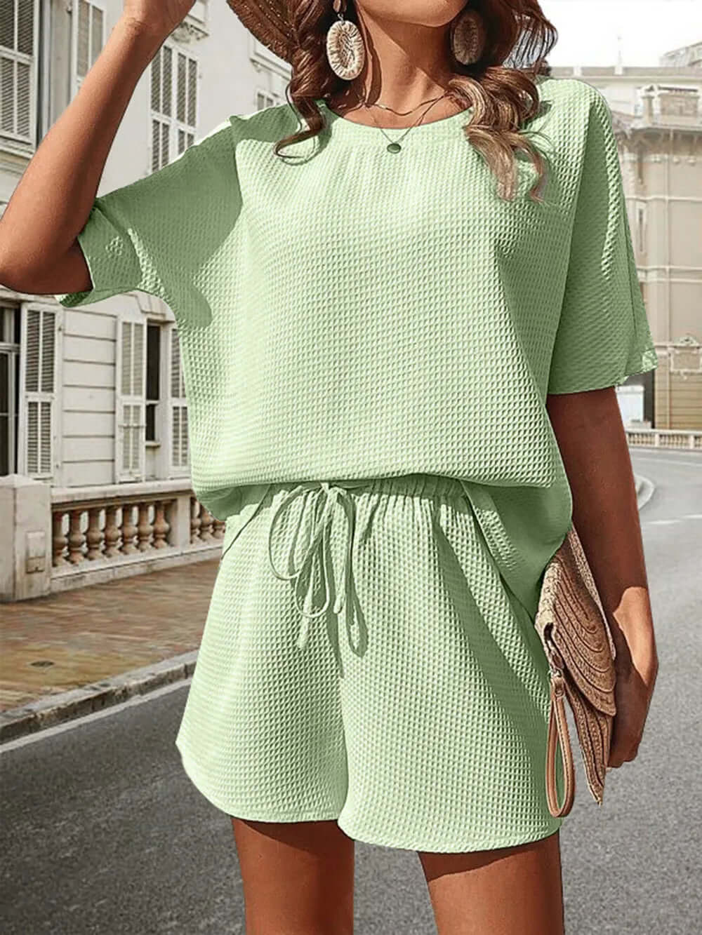 Waffle-Knit Half Sleeve Top and Shorts Set eprolo
