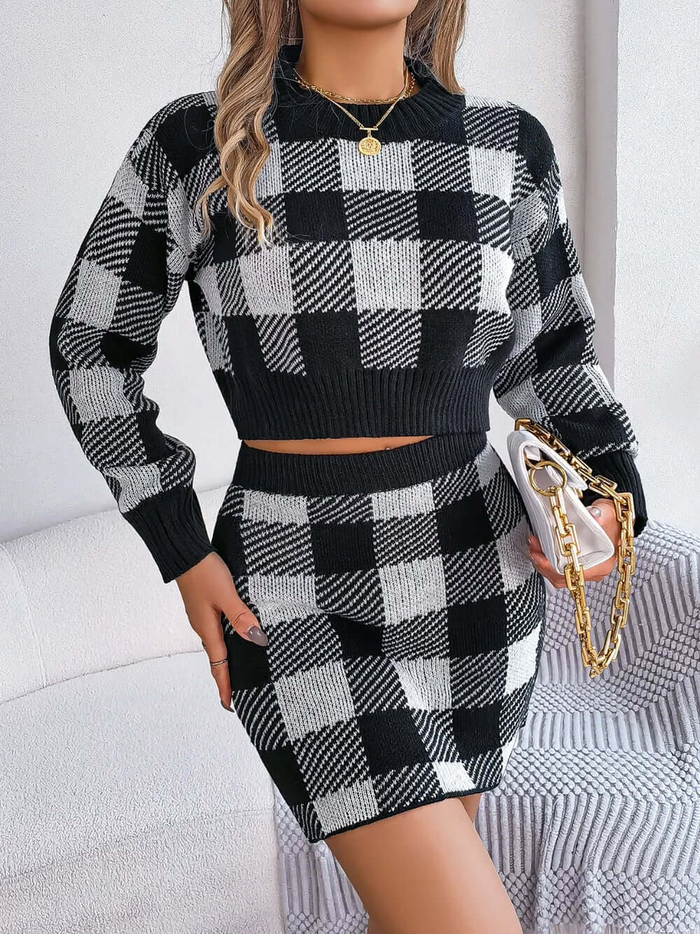 Plaid Round Neck Top and Skirt Sweater Set eprolo