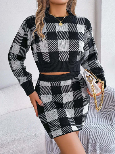 Plaid Round Neck Top and Skirt Sweater Set eprolo