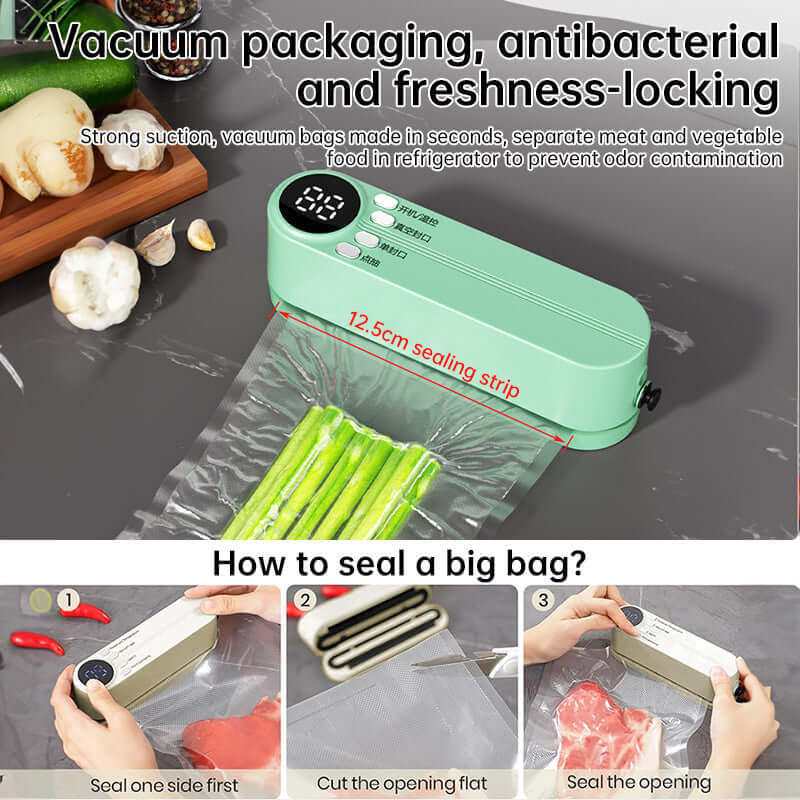 Beige cordless 3 - in - 1 food sealer. For dry/moist food, 4 bags. Seals chip bags, inflates items. eprolo