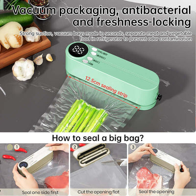 Beige cordless 3 - in - 1 food sealer. For dry/moist food, 4 bags. Seals chip bags, inflates items. eprolo