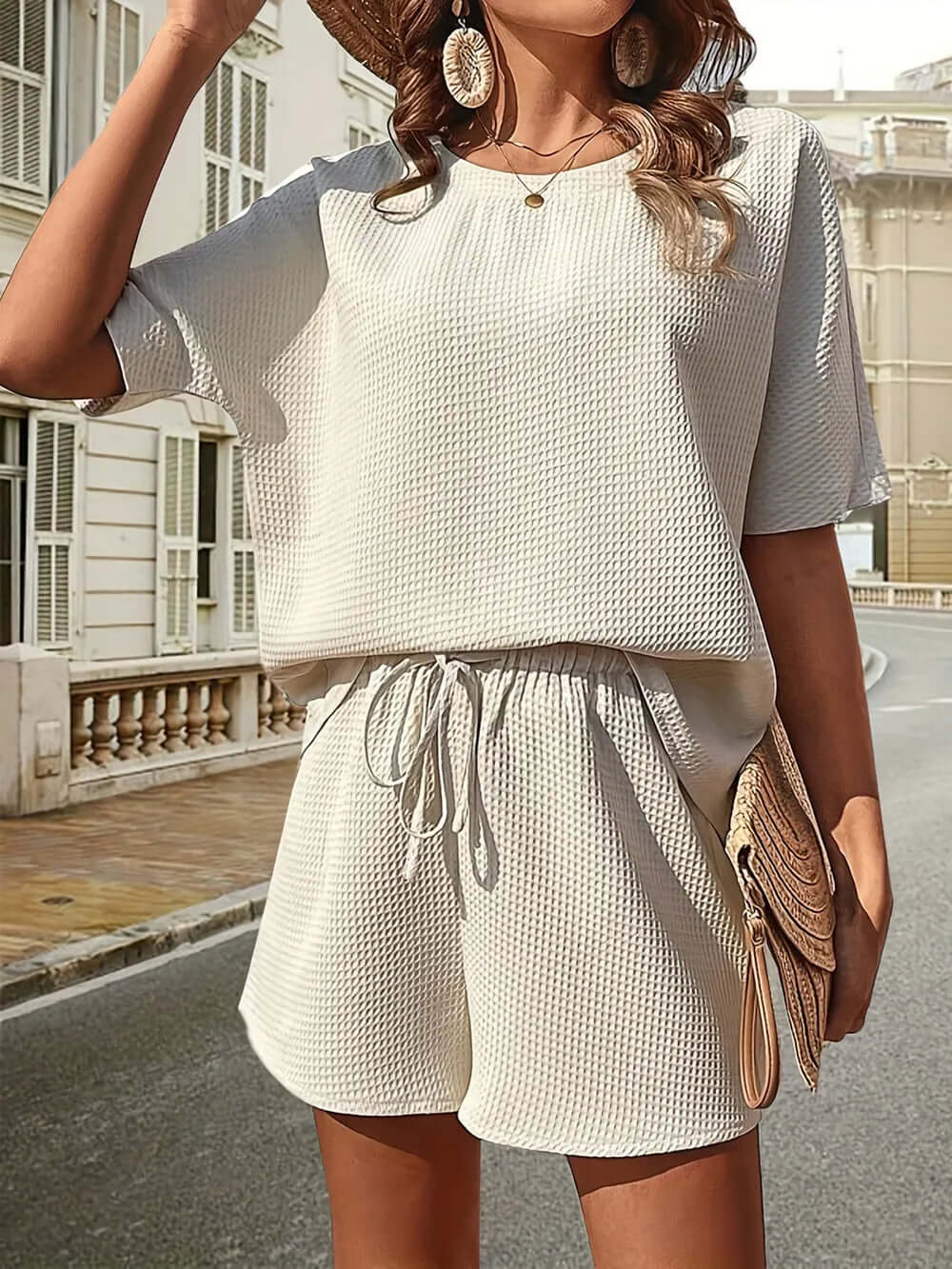 Waffle-Knit Half Sleeve Top and Shorts Set eprolo