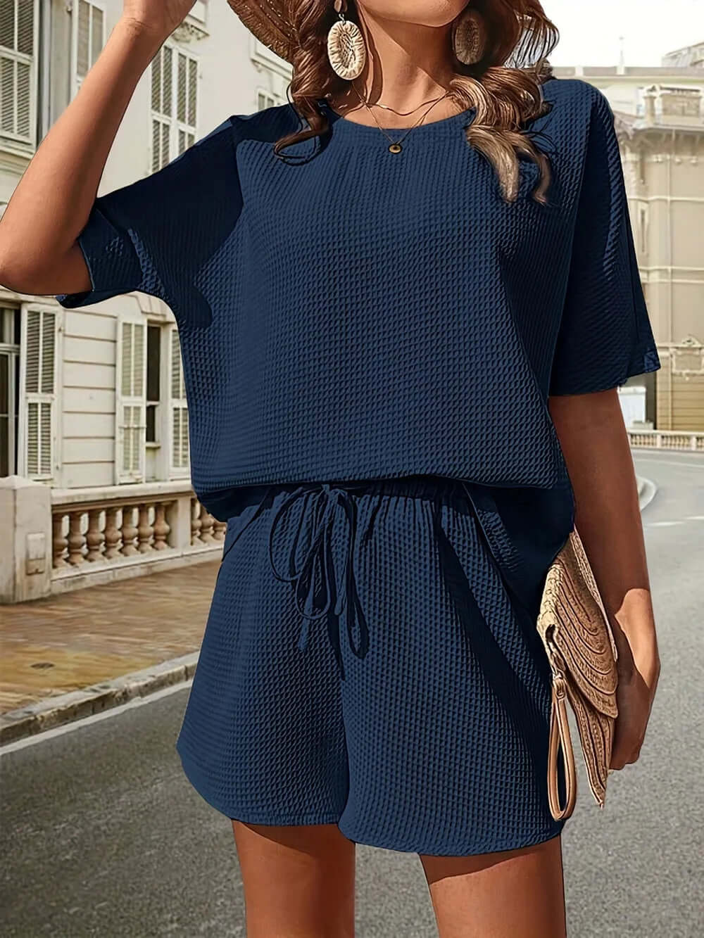 Waffle-Knit Half Sleeve Top and Shorts Set eprolo