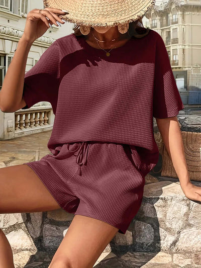 Waffle-Knit Half Sleeve Top and Shorts Set eprolo