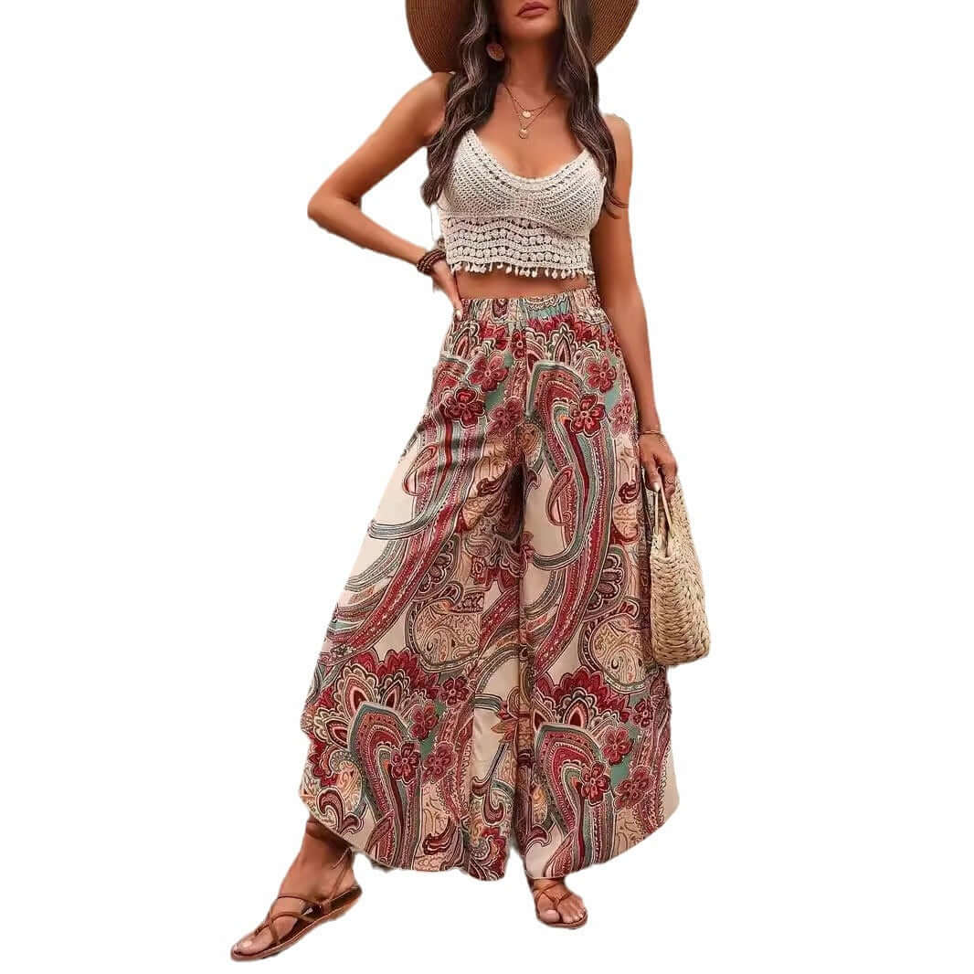 Elegant High Waist Casual Bohemian Vacation Style Wide Leg Pants eprolo
