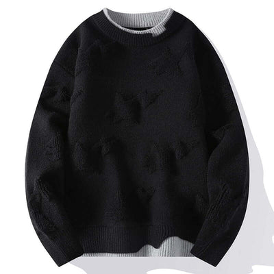 Men's black round neck pullover sweater, loose fit, perfect for autumn and winter leisure wear.