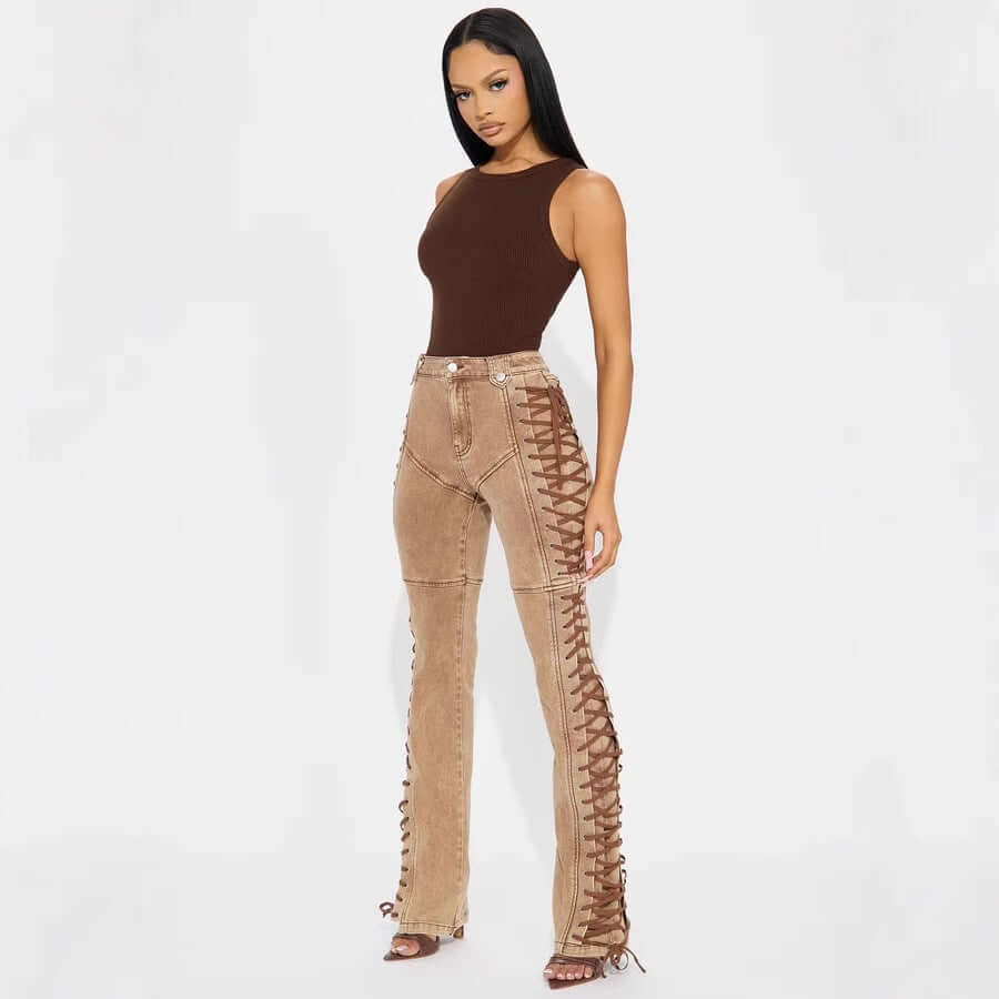 European And American Fashion Women's Wear Bandage Drawstring Hot Girl Jeans Dropshipman